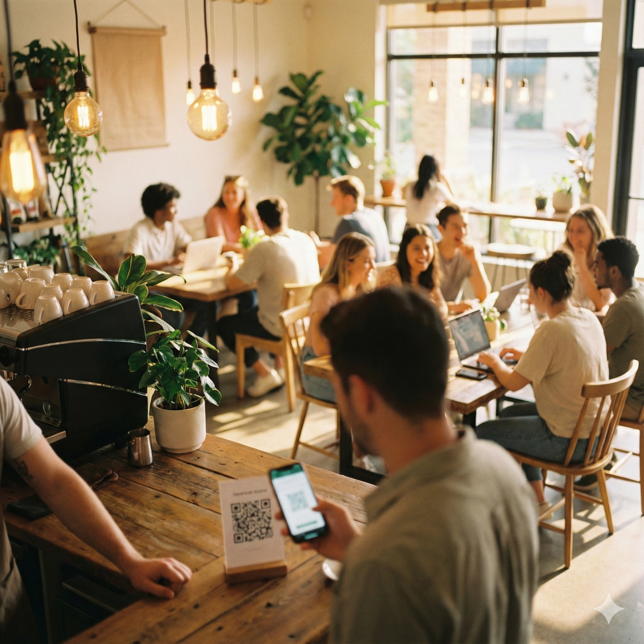 Person scanning QR code at a cafe